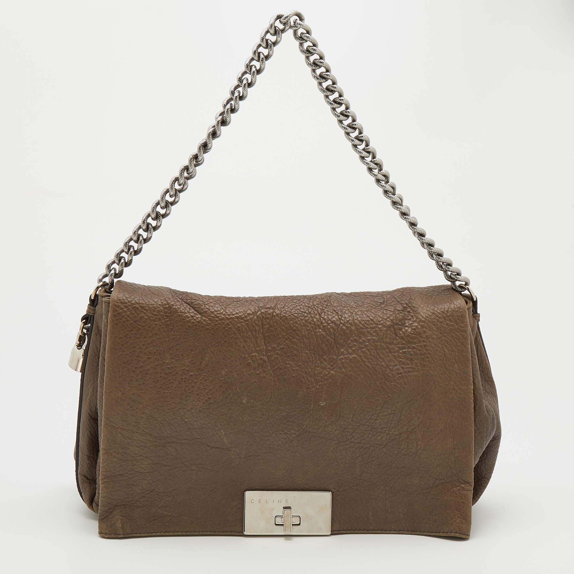 Celine Dark Beige Pebbled Leather Turnlock Flap Chain Shoulder Bag